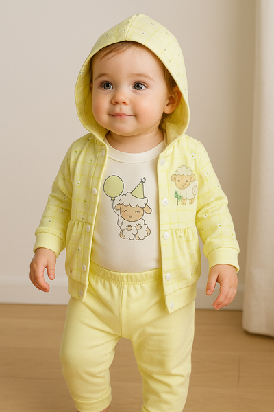 3-Piece Baby Boy Clothing Set in Light Yellow | Hoodie, Pajama & Printed Bodysuit | Soft Cotton Baby Dress with Cartoon Sheep Design
