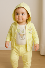 3-Piece Baby Boy Clothing Set in Light Yellow | Hoodie, Pajama & Printed Bodysuit | Soft Cotton Baby Dress with Cartoon Sheep Design