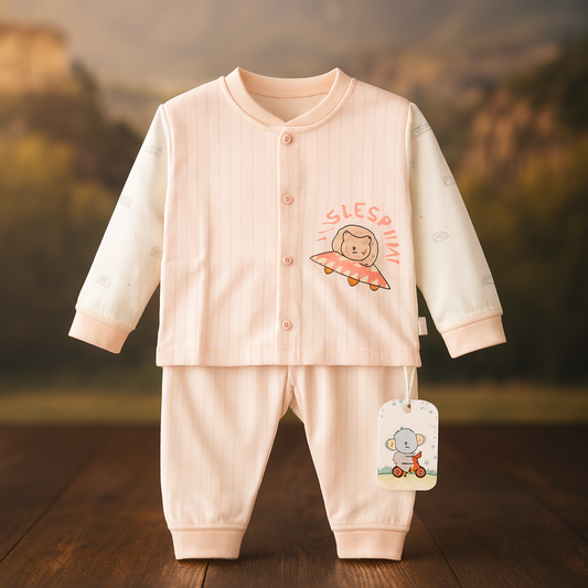 Baby Cotton Suit 2 Piece Set | Soft Peach Full Sleeve Shirt & Pajama