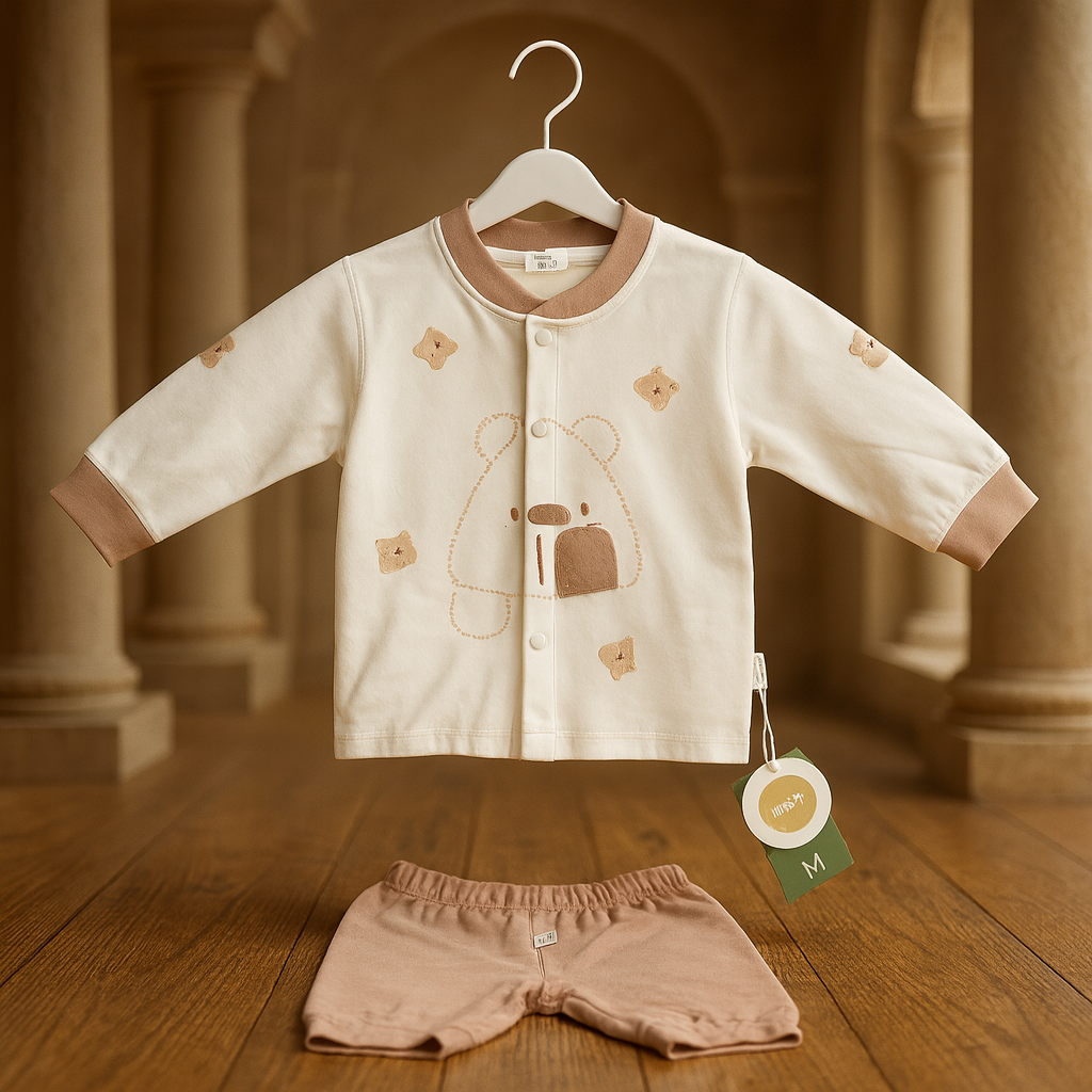 Baby Cotton Suit 2 Piece Set | Cream & Brown Full Sleeve Shirt with Bear Design and Pajama