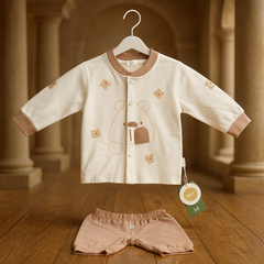 Baby Cotton Suit 2 Piece Set | Cream & Brown Full Sleeve Shirt with Bear Design and Pajama