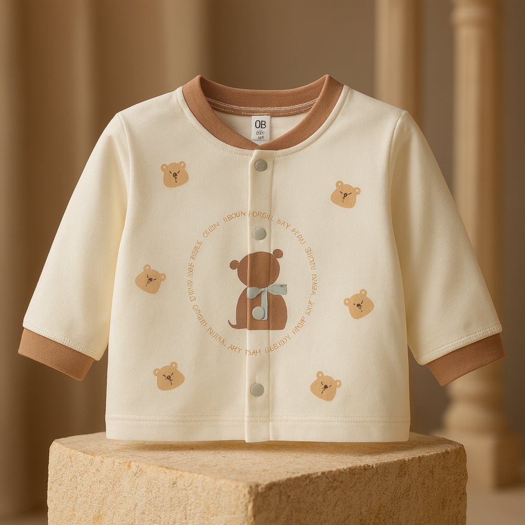 Baby Cotton Suit 2 Piece Set | Cream & Brown Full Sleeve Shirt with Bear Design and Pajama