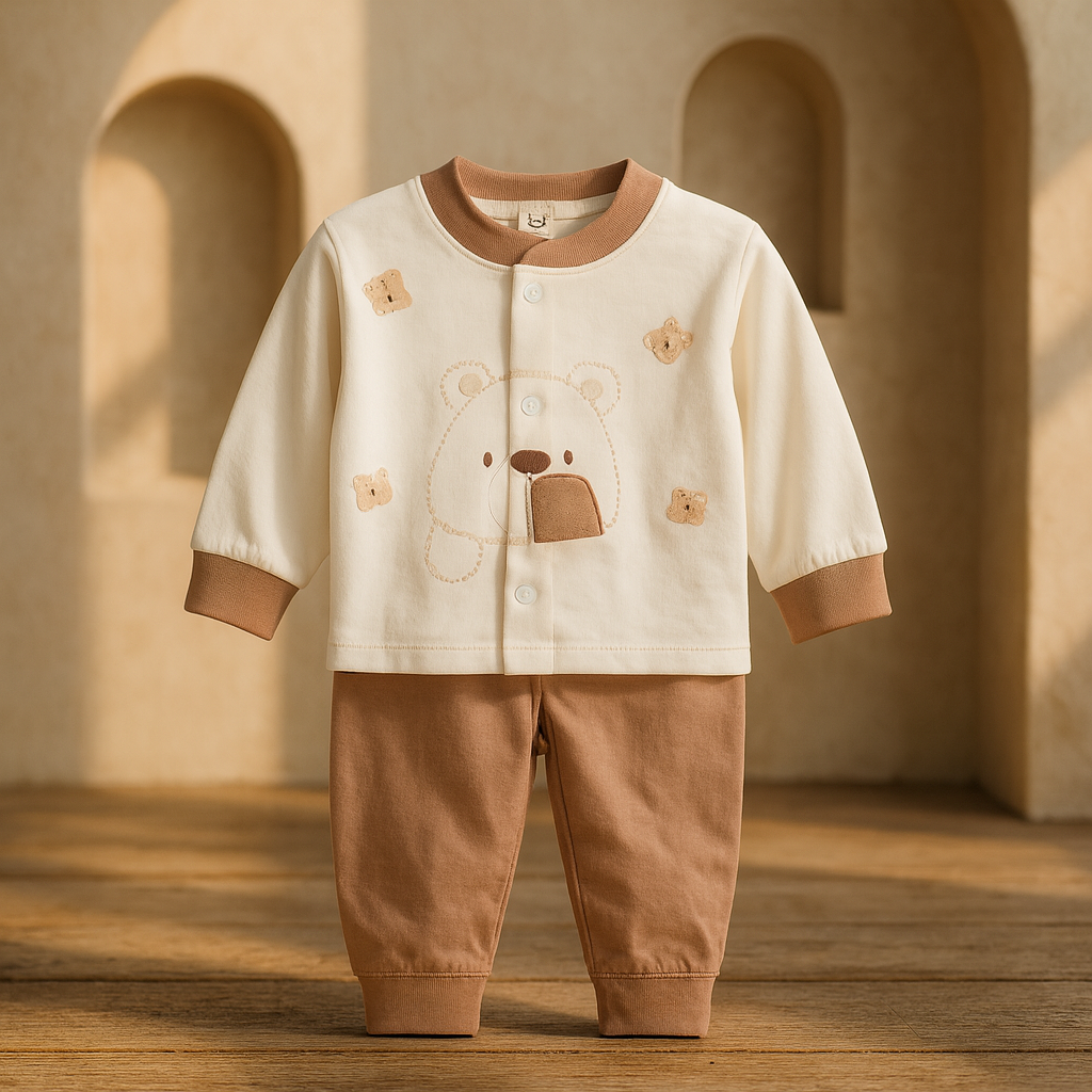 Baby Cotton Suit 2 Piece Set | Cream & Brown Full Sleeve Shirt with Bear Design and Pajama