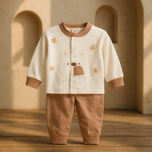 Baby Cotton Suit 2 Piece Set | Cream & Brown Full Sleeve Shirt with Bear Design and Pajama