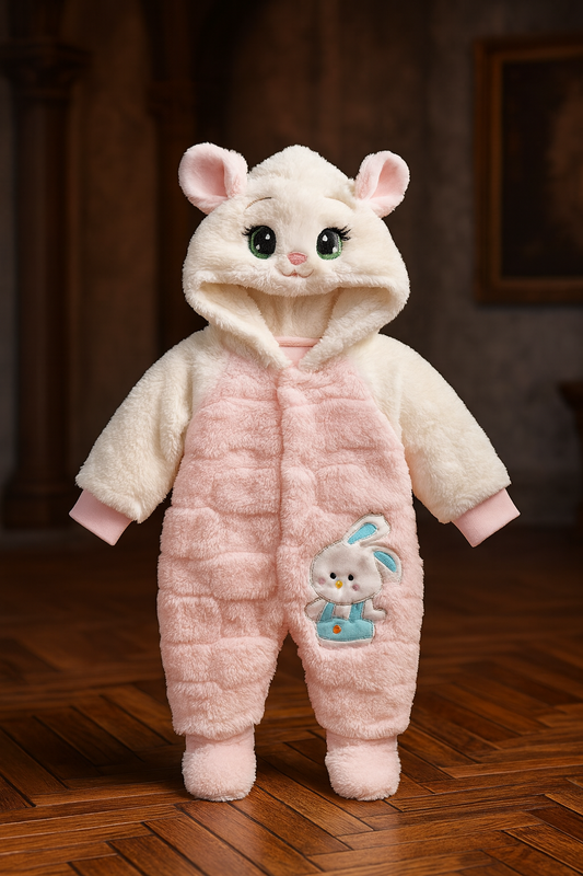 Baby Winter Romper with Hood | Soft Fleece Animal Design Jumpsuit