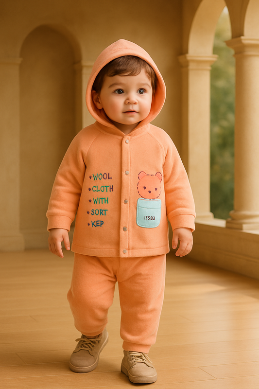 Winter Wool Baby Suit for Boys & Girls – 2-Piece Hoodie & Pants Set | Soft Nap Fabric with Cartoon Bear Design