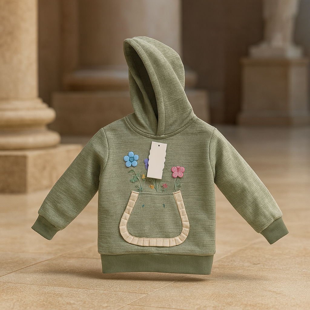 Baby boy/Girl Hoodie Suit Set – 2-Piece Winter Outfit with Frill Pocket & Flower Embroidery | Soft & Stretchable Warm Fabric for Toddlers