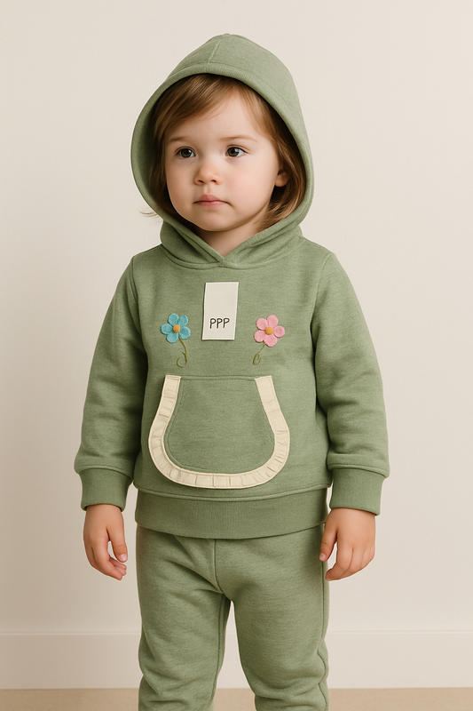 Baby boy/Girl Hoodie Suit Set – 2-Piece Winter Outfit with Frill Pocket & Flower Embroidery | Soft & Stretchable Warm Fabric for Toddlers