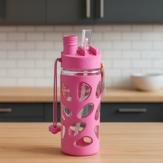 Portable Kids Water Bottle with Straw – 500ml Leakproof Glass Bottle with Silicone Grip Cover