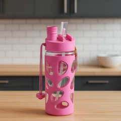 Portable Kids Water Bottle with Straw – 500ml Leakproof Glass Bottle with Silicone Grip Cover