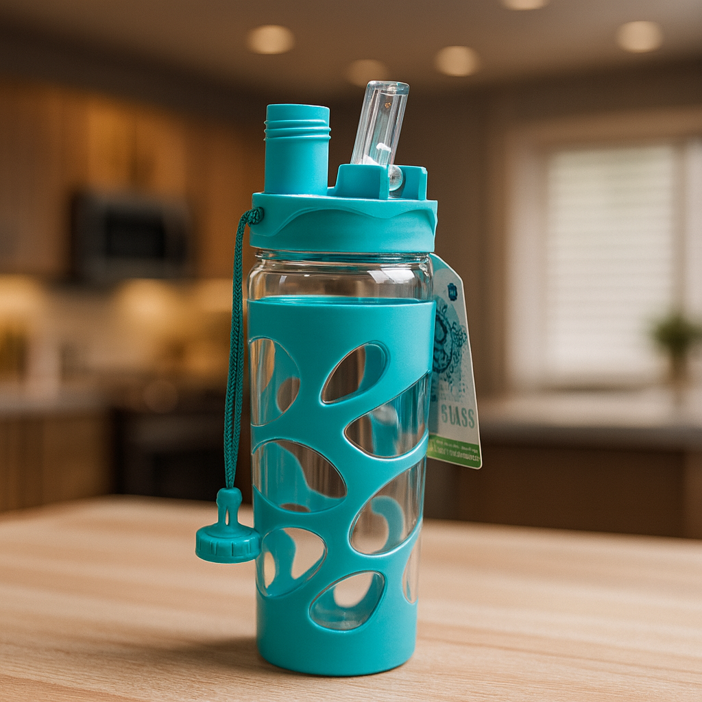 Portable Kids Water Bottle with Straw – 500ml Leakproof Glass Bottle with Silicone Grip Cover
