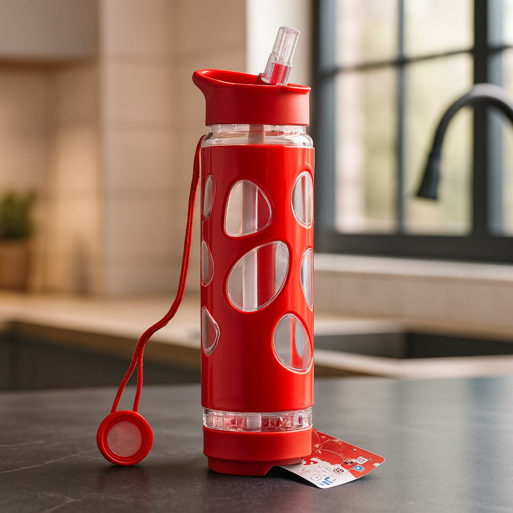 Portable Kids Water Bottle with Straw – 500ml Leakproof Glass Bottle with Silicone Grip Cover