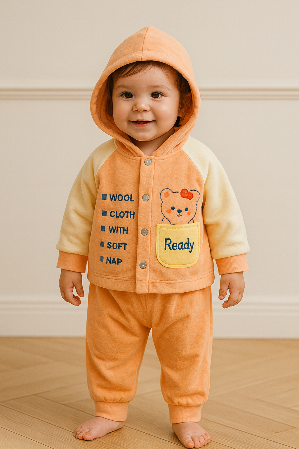 Winter Wool Baby Suit for Boys & Girls – 2-Piece Hoodie & Pants Set | Soft Nap Fabric with Cartoon Bear Design