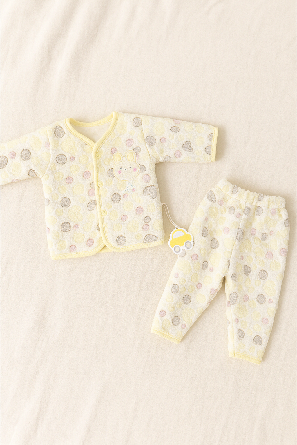Baby Fleece Winter Suit 2-Piece Set in Yellow | Soft Full Sleeves Shirt & Pajama with Colorful Polka Dots