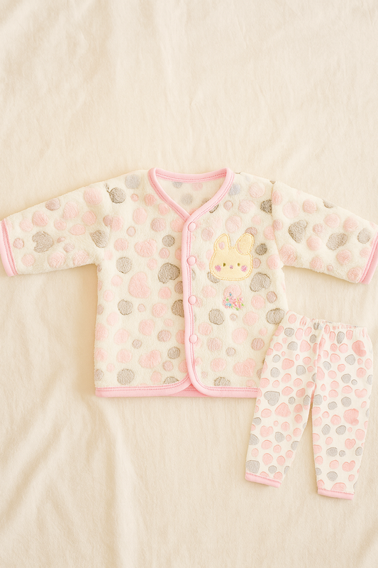 Baby Fleece Winter Suit 2-Piece Set in pink| Soft Full Sleeves Shirt & Pajama with Colorful Polka Dots