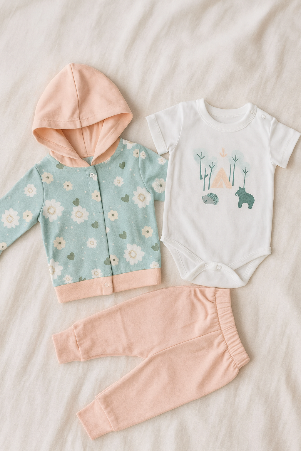Baby boy 3-Piece Cotton Outfit Set – Hooded Floral Jacket, Printed Romper & Pajama Pants