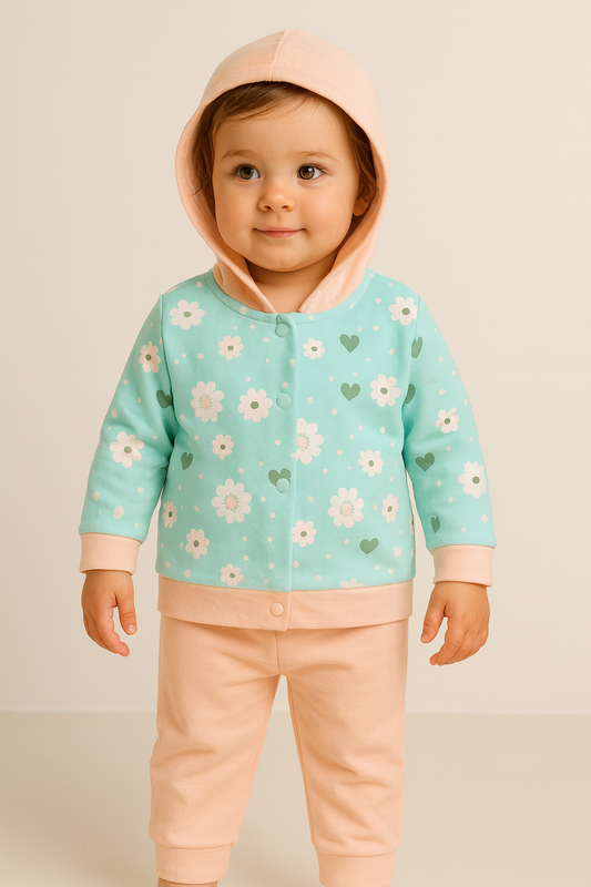 Baby boy 3-Piece Cotton Outfit Set – Hooded Floral Jacket, Printed Romper & Pajama Pants