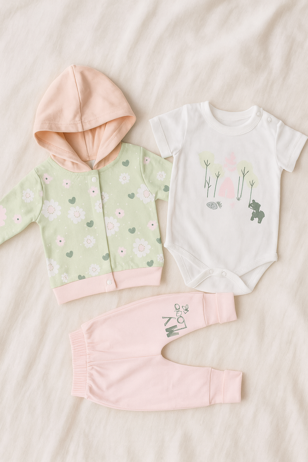 Baby boy 3-Piece Cotton Outfit Set – Parrot Green Floral Hoodie, Printed Romper & Pajama Pants