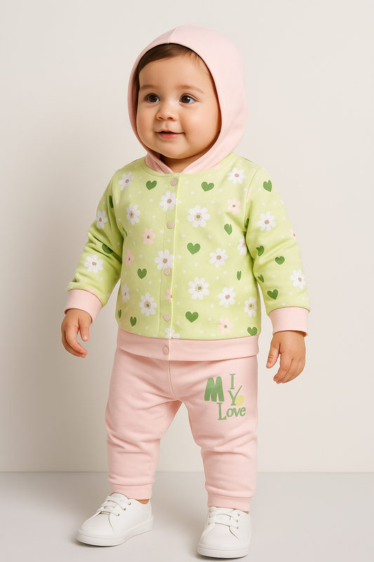 Baby boy 3-Piece Cotton Outfit Set – Parrot Green Floral Hoodie, Printed Romper & Pajama Pants