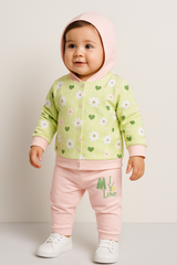 Baby boy 3-Piece Cotton Outfit Set – Parrot Green Floral Hoodie, Printed Romper & Pajama Pants