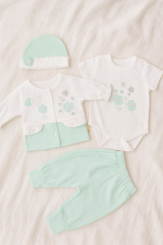 Newborn Baby Girl 3-Piece Dress Suit | Soft Cotton Malai Jersey | Full Sleeves Shirt, Pants & Cap