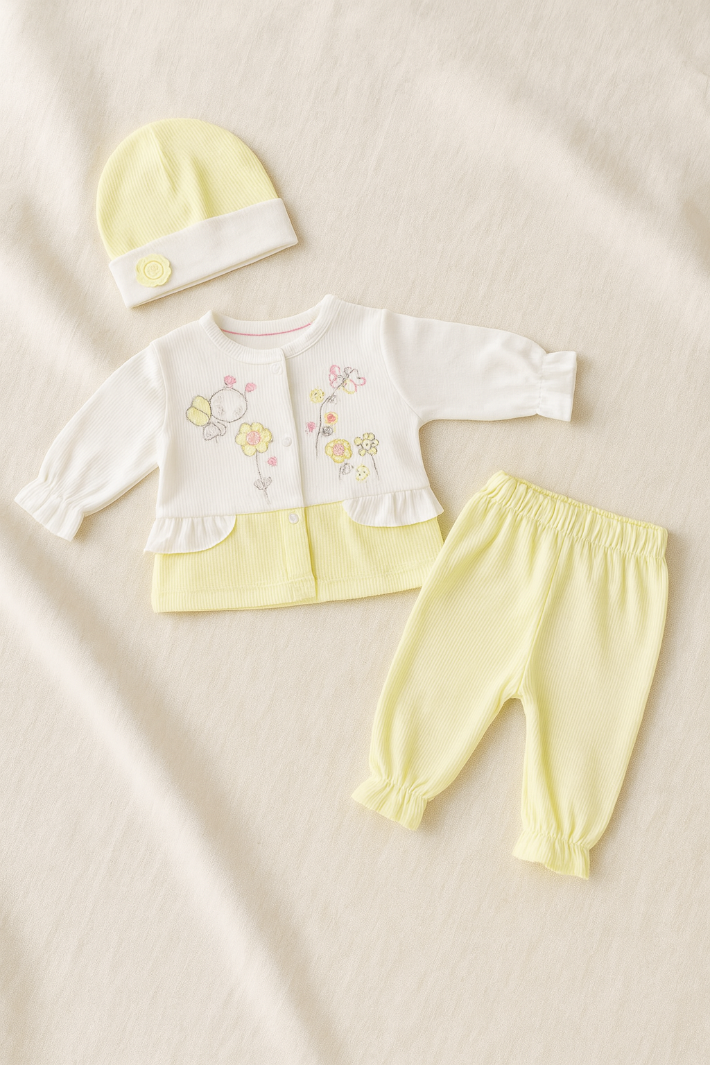 Newborn Baby Girl 3-Piece Dress Suit | Soft Cotton Malai Jersey | Full Sleeves Shirt, Pants & Cap