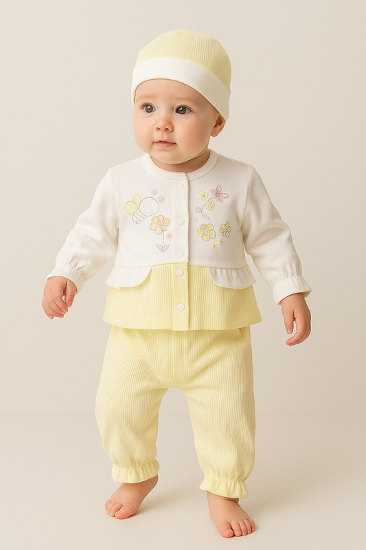 Newborn Baby Girl 3-Piece Dress Suit | Soft Cotton Malai Jersey | Full Sleeves Shirt, Pants & Cap