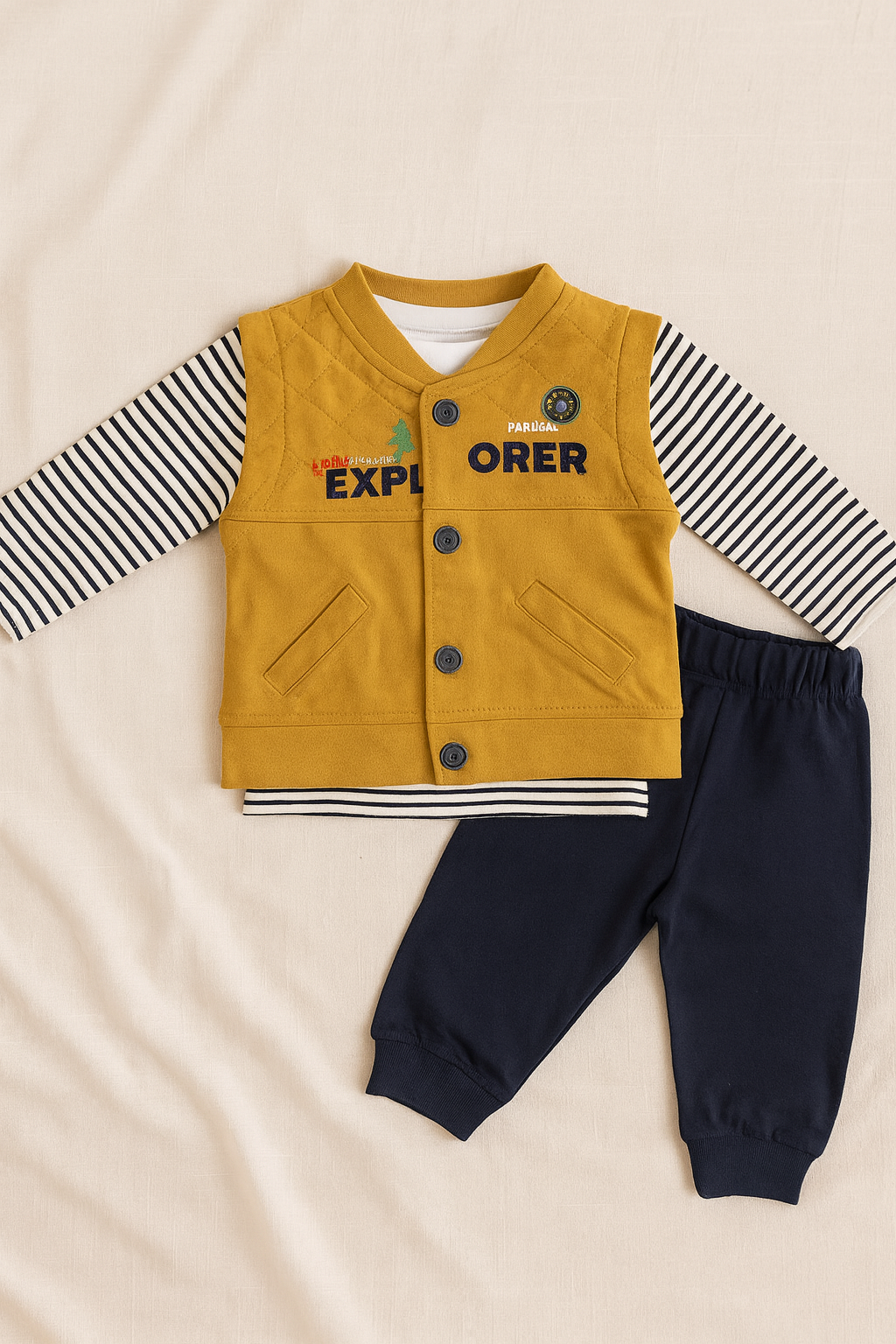 Baby Boy Winter Outfit 3 Piece Set | Full Sleeve Striped Shirt