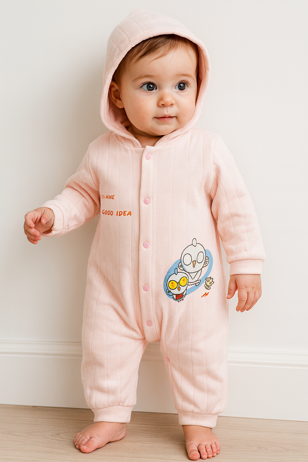 Baby Hooded Romper for Winter – Soft Cotton Quilted Jumpsuit with Cartoon Print | Warm Full Sleeves Baby Onesie for Newborns & Infants