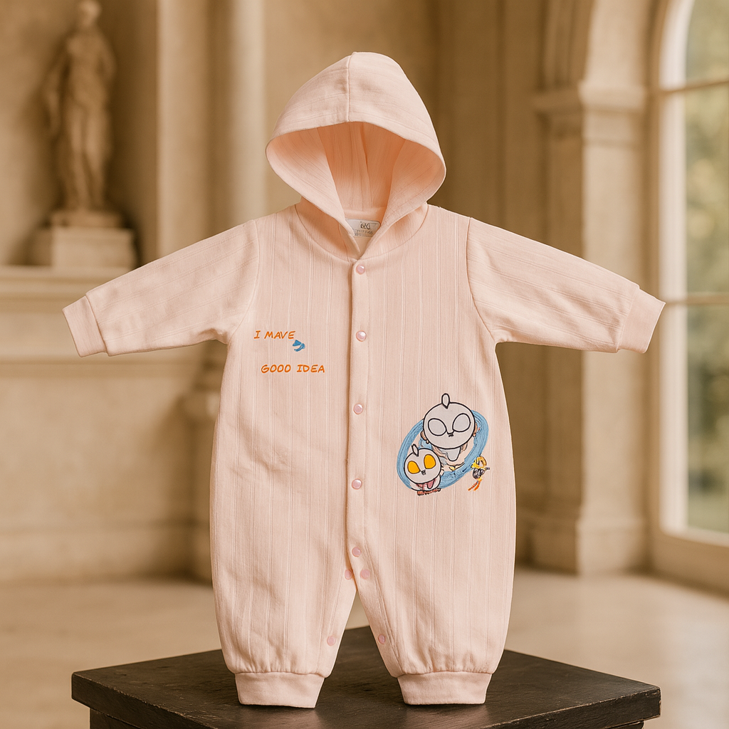 Baby Hooded Romper for Winter – Soft Cotton Quilted Jumpsuit with Cartoon Print | Warm Full Sleeves Baby Onesie for Newborns & Infants
