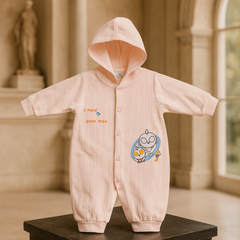 Baby Hooded Romper for Winter – Soft Cotton Quilted Jumpsuit with Cartoon Print | Warm Full Sleeves Baby Onesie for Newborns & Infants