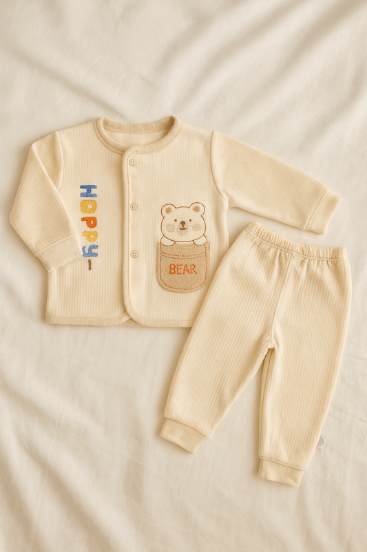 Newborn Baby Winter Suit 2-Piece Set | Beige Soft Cotton Knitted Baba Suit with Cute Bear Embroidery
