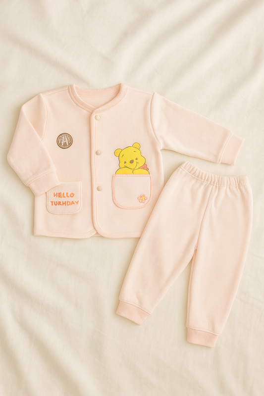 Newborn Baby Winter Suit 2-Piece Set | pink Soft Cotton Knitted Baba Suit with Cute Bear Embroidery