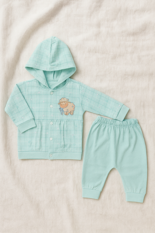 3-Piece Baby Clothing Set for Newborn Boys | Mint Green Hoodie, Pajama & Printed Bodysuit