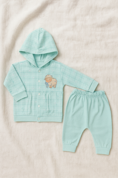 3-Piece Baby Clothing Set for Newborn Boys | Mint Green Hoodie, Pajama & Printed Bodysuit