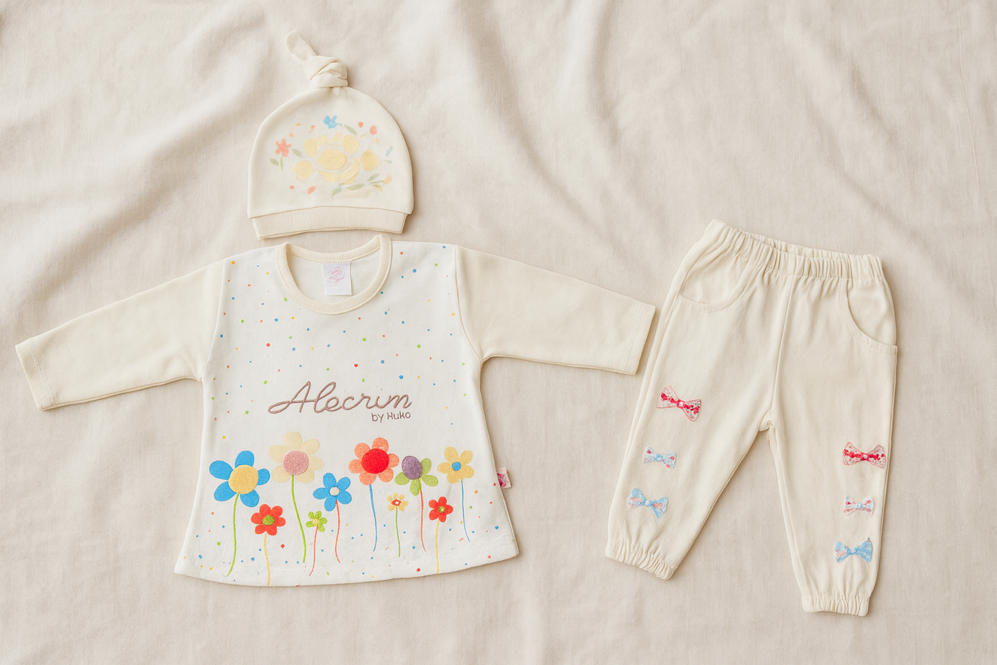 Newborn Baby Girl 3-Piece Dress Set – Soft Cotton Malai Jersey – Floral Printed Shirt + Bow Pajama