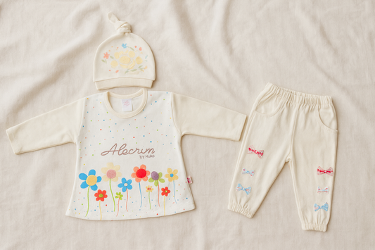 Newborn Baby Girl 3-Piece Dress Set – Soft Cotton Malai Jersey – Floral Printed Shirt + Bow Pajama
