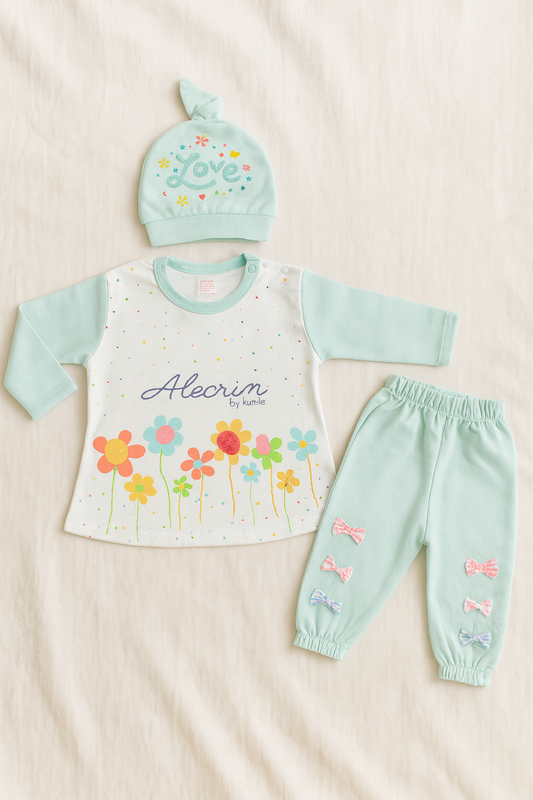 Newborn Baby Girl 3-Piece Dress Set – Soft Cotton Malai Jersey – Floral Printed Shirt + Bow Pajama