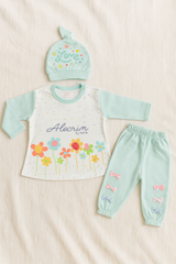 Newborn Baby Girl 3-Piece Dress Set – Soft Cotton Malai Jersey – Floral Printed Shirt + Bow Pajama