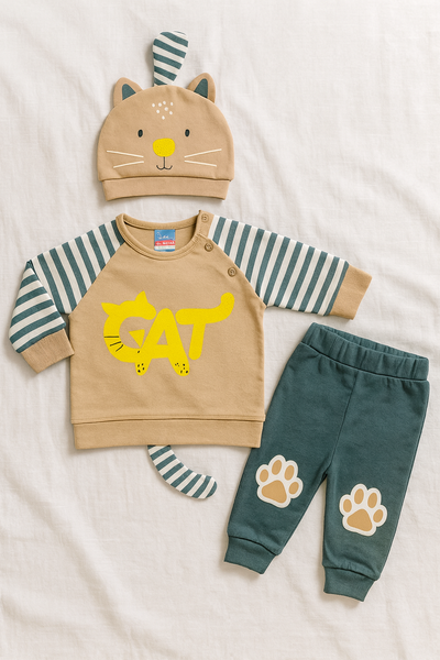 3-Piece Baby Boy Winter Dress Set – Warm Cotton Fleece Sweatshirt, Striped Cat Cap & Paw Print Pajama