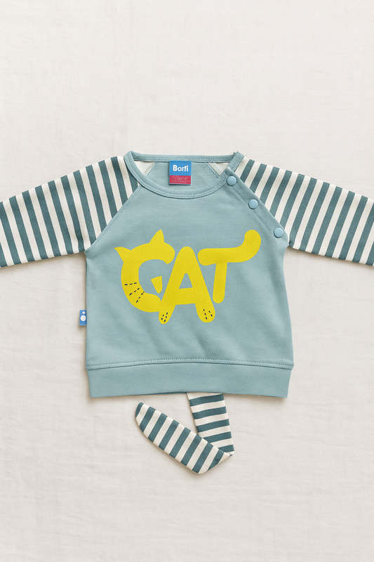 3-Piece Baby Boy Winter Dress Set – Warm Cotton Fleece Sweatshirt, Striped Cat Cap & Paw Print Pajama