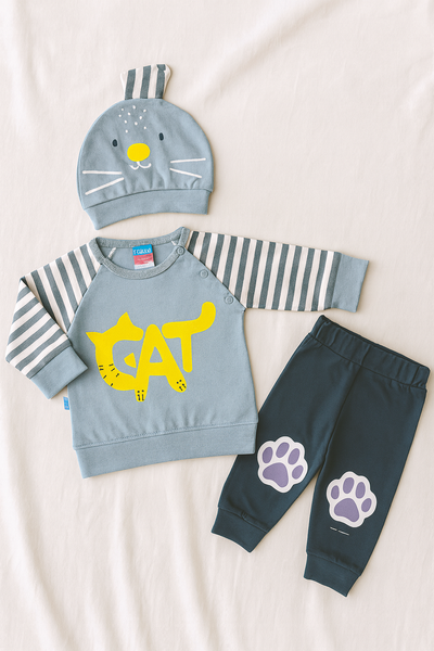 3-Piece Baby Boy Winter Dress Set – Warm Cotton Fleece Sweatshirt, Striped Cat Cap & Paw Print Pajama