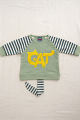 3-Piece Baby Boy Winter Dress Set – Warm Cotton Fleece Sweatshirt, Striped Cat Cap & Paw Print Pajama