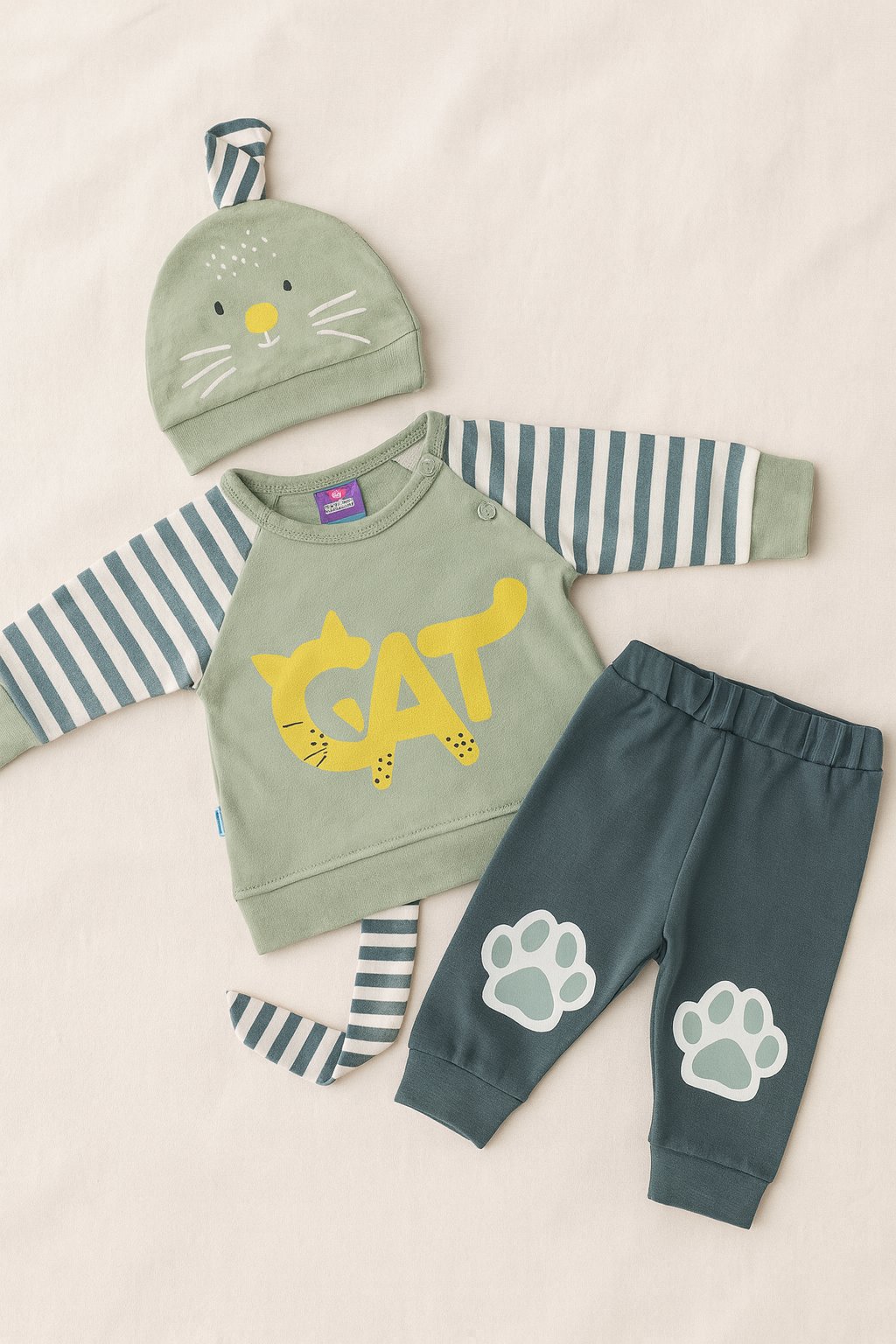 3-Piece Baby Boy Winter Dress Set – Warm Cotton Fleece Sweatshirt, Striped Cat Cap & Paw Print Pajama