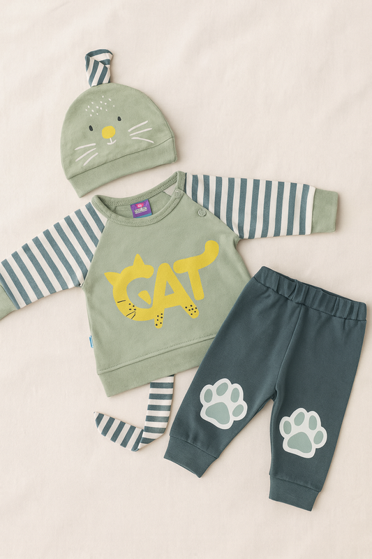 3-Piece Baby Boy Winter Dress Set – Warm Cotton Fleece Sweatshirt, Striped Cat Cap & Paw Print Pajama