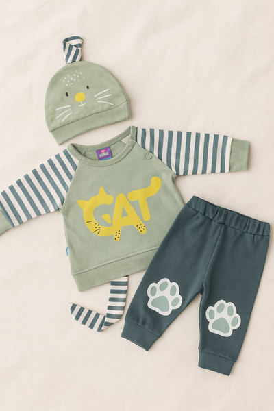 3-Piece Baby Boy Winter Dress Set – Warm Cotton Fleece Sweatshirt, Striped Cat Cap & Paw Print Pajama