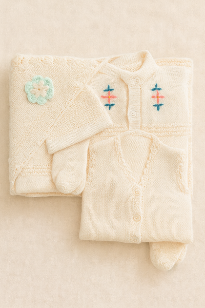 6-Piece Newborn Baby Wool Knitted Winter Set – Hand Knitted Warm Woolen Suit for Baby Girl/Boy