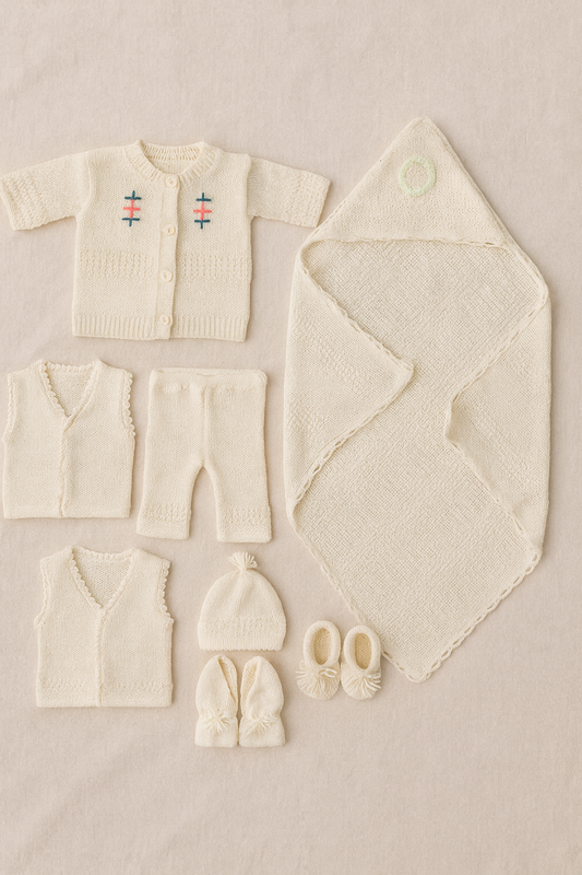 6-Piece Newborn Baby Wool Knitted Winter Set – Hand Knitted Warm Woolen Suit for Baby Girl/Boy