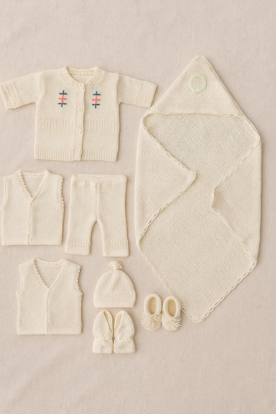 6-Piece Newborn Baby Wool Knitted Winter Set – Hand Knitted Warm Woolen Suit for Baby Girl/Boy