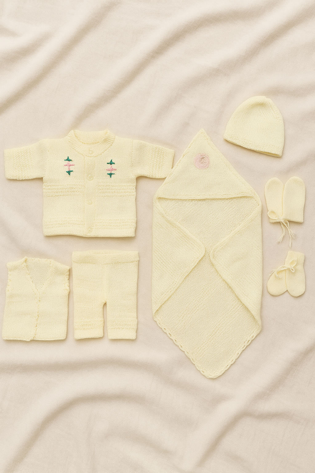 6-Piece Newborn Baby Wool Knitted Winter Set – Hand Knitted Warm Woolen Suit for Baby Girl/Boy